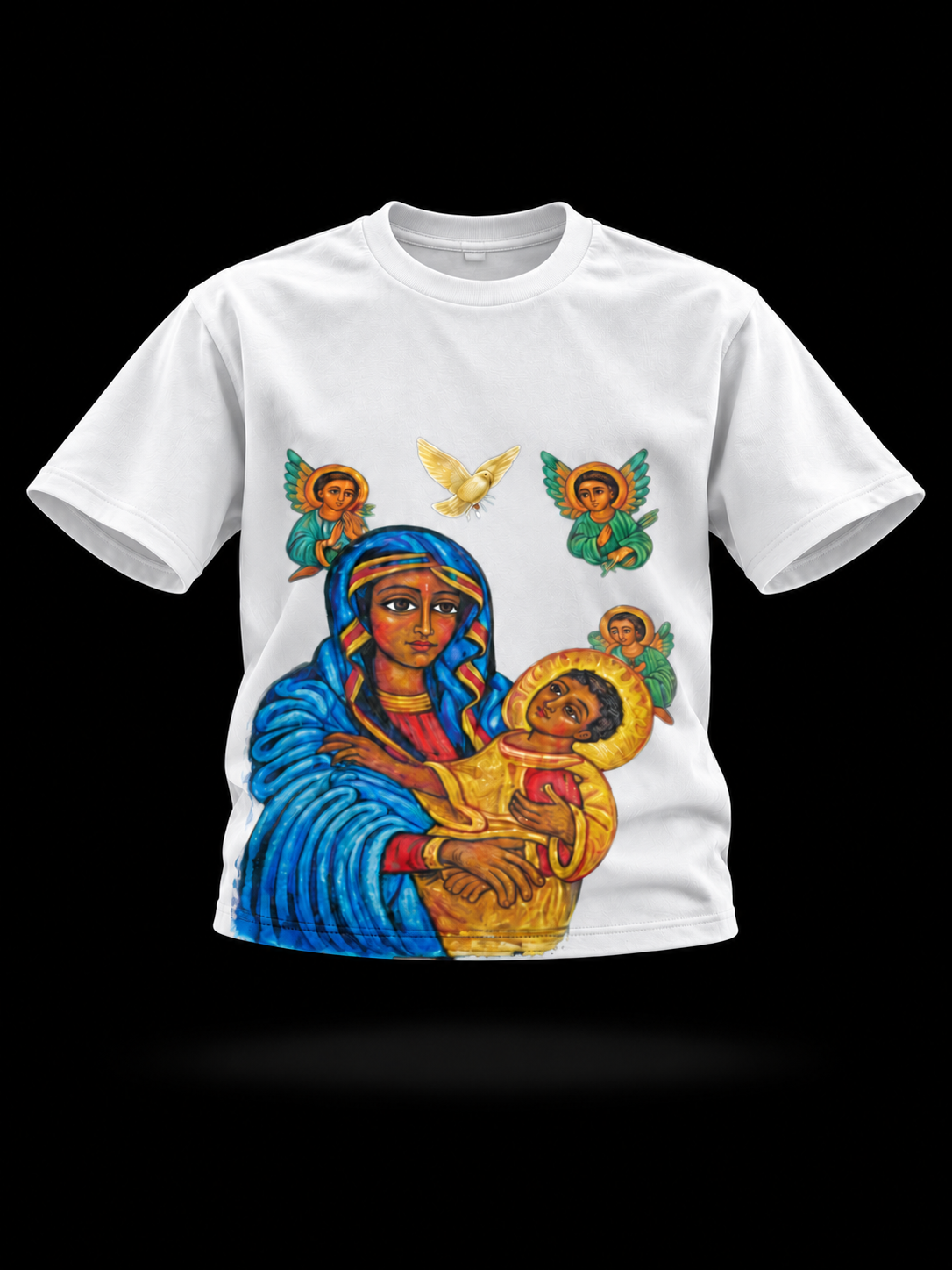 White Héyanic Mariam and Jesus Tee floating preorder mockup